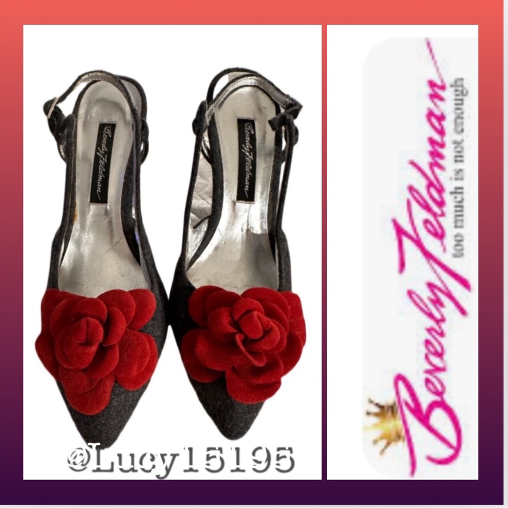 ❤️Beverly Feldman Too Much Is Not Enough Gray Tweed & Red Floral Heels